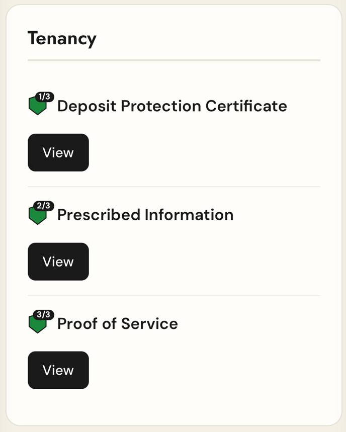 UBiQS dashboard: the deposit protection certificate, prescribed information and proof of service tracked together as one coupled record