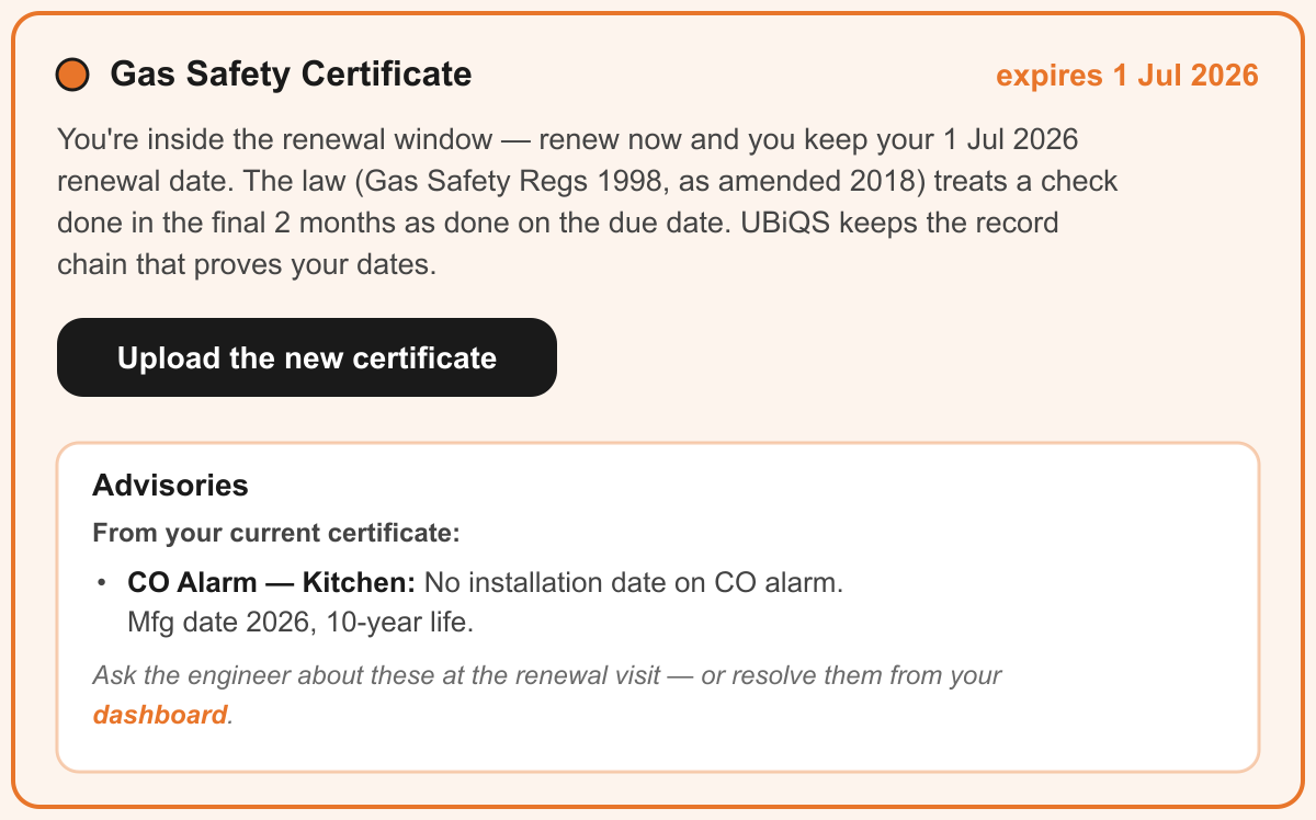 A landlord reminder email showing the Gas Safety Certificate expiry date, an upload button, and the open advisories to raise with the engineer