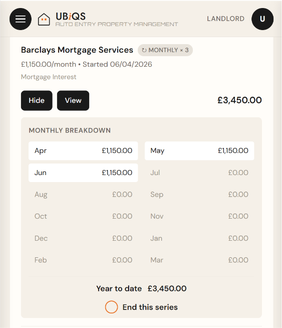 UBiQS dashboard: mortgage interest broken down month by month
