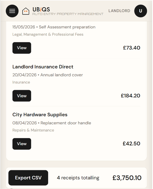 UBiQS dashboard: receipts captured and sorted into HMRC categories